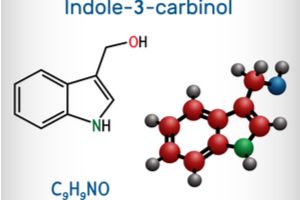 Indol 3-karbinol, strukturní chemický vzorec a model molekuly